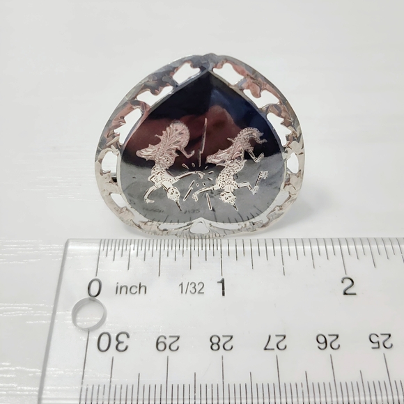 Antique Siam Nielloware Heart Brooch Pin w/ Ornate Diamond cutout edging - Picture 8 of 11